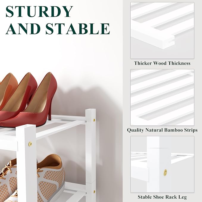 Smiry Small Bamboo Shoe Rack, 6 Tier Free Standing Wooden Shoe Organizer, Stackable Wood Shoe Storage Shelf for Closet, Entryway, 12 Vertical Slats, 2+2+2 Stack Standard Legs, 17.3"x11"x39", White