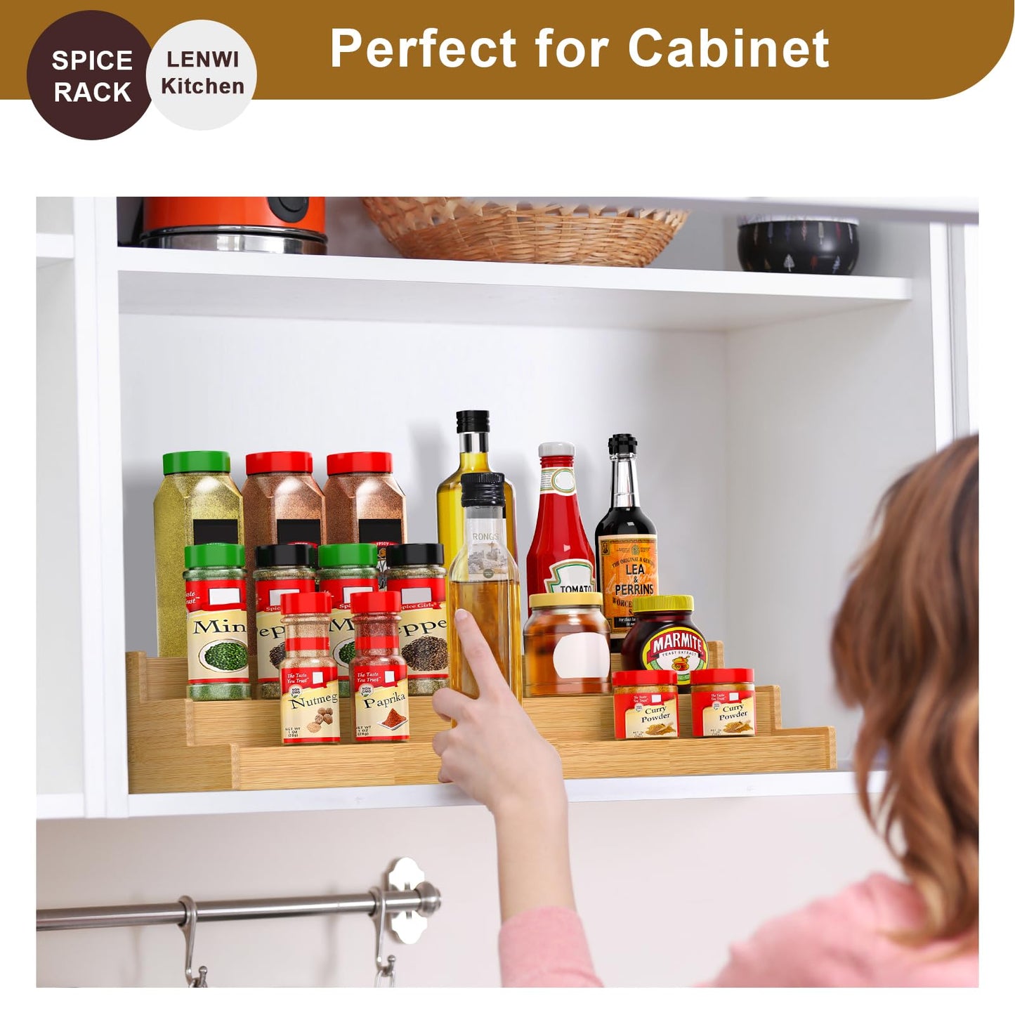Lenwi Spice Rack Organizer for Cabinet 2Pack, 3 Tier Expandable Bamboo Spice Storage, Great for Kitchen Cabinet, Cupboard,Pantry and More(Natrual)