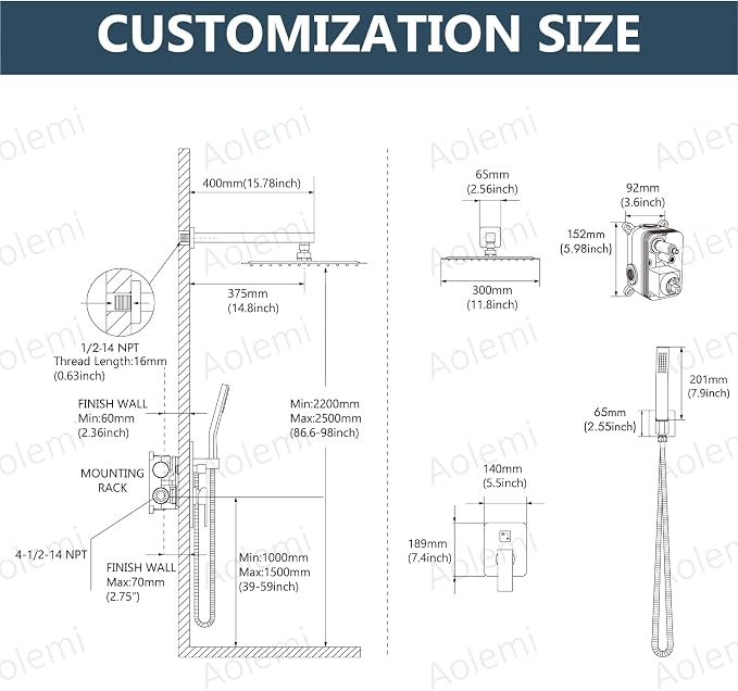 Aolemi Shower Faucet Set Rain Shower System with Handheld Spray Bathroom Shower Combo Rough-in Valve and Shower Trim Kit Included Brushed Gold 12 Inch Wall Mount Shower Head