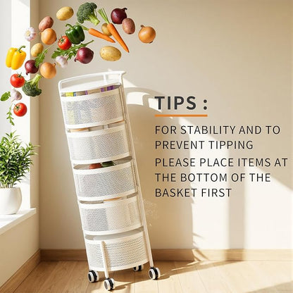 JAQ No Assembly 5-Tier Kitchen Storage Cart with Wheels, Rotating Produce Organizer for Onion, Potato & Vegetable Storage, Large Capacity Pantry Rack, White