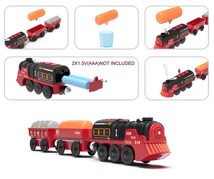 Toy Train Electric Train Set for Wooden Tracks, Christmas Motorized Train Toys for Toddlers, Battery Operated Train Includes Lights, Sounds, Smoke, Steam Train Compatible with Thomas, Brio
