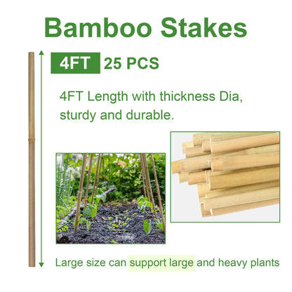 Garden Stakes 4ft, Natural Bamboo Stakes 4 Feet, Thicker Sturdy Plant Stakes 25 Pack for Tomatoes, Beans, Flowers, Potted and More Climbing Plants