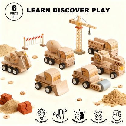 Udeas 6-Piece Wooden Construction Vehicle Toys Set with Bulldozer, Excavator, Crane, Dump Truck – Montessori Toddler Toys Ages 2-4, All-Natural Safe Push & Go Gift for Boys & Girls