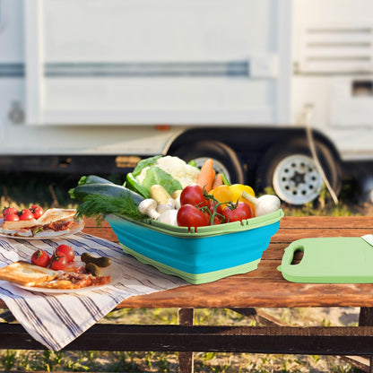 Gintan Camping Cutting Board, 9-in-1 Collapsible Chopping Board with Colander, Kitchen Vegetable Washing Basket for Camping, Camping Gifts Camping Accessories for RV Campers (Blue+Grey)