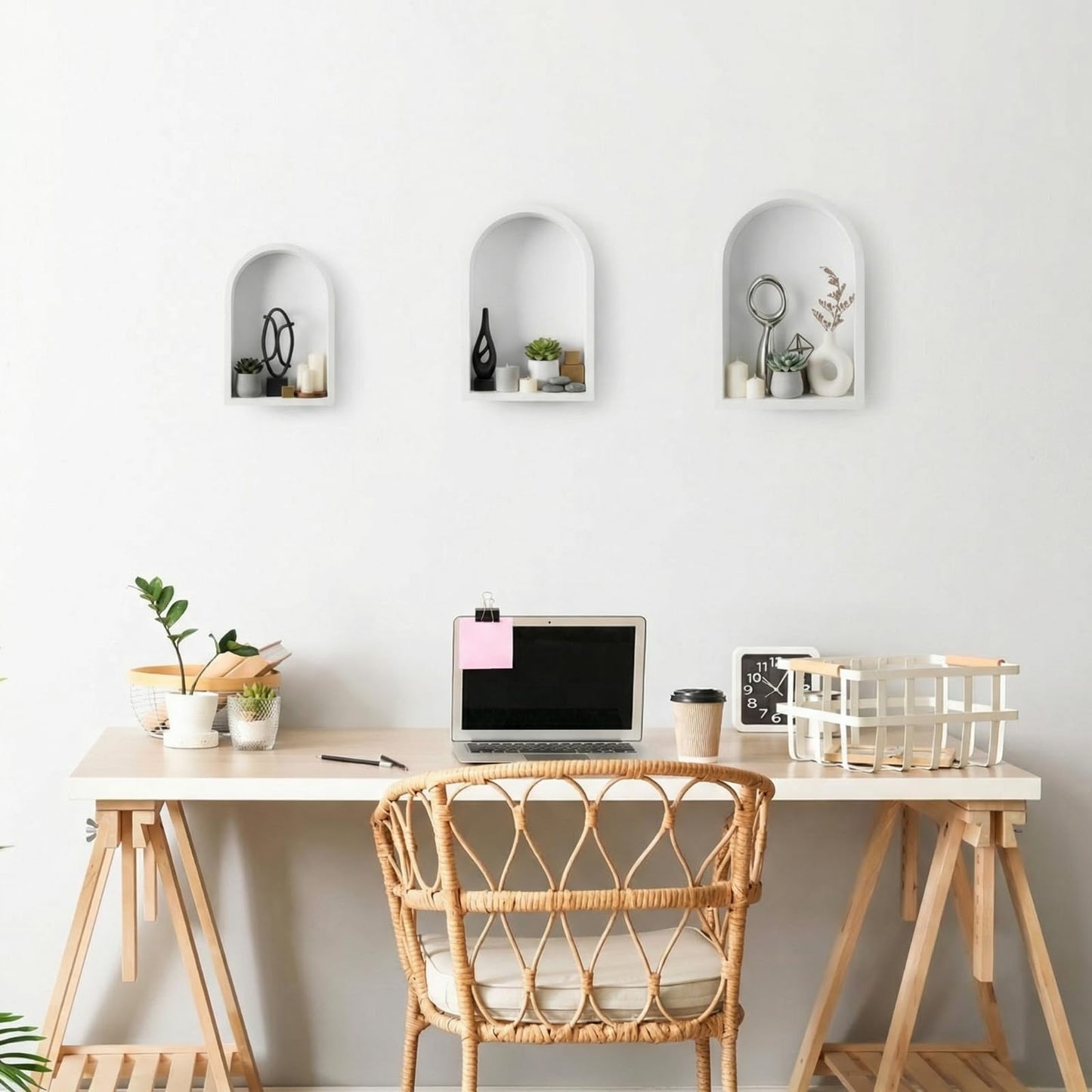 Threehoney 3 Set Wall Shelf 9.8 x 7.1 Inch Wooden Hanging Shelf Deep Display Storage Shelves Floating Shelves for Home Office Room Mini Figures Potted Plants Wall Decor(Arched,White)