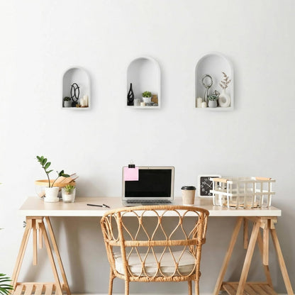 Threehoney 3 Set Wall Shelf 9.8 x 7.1 Inch Wooden Hanging Shelf Deep Display Storage Shelves Floating Shelves for Home Office Room Mini Figures Potted Plants Wall Decor(Arched,White)