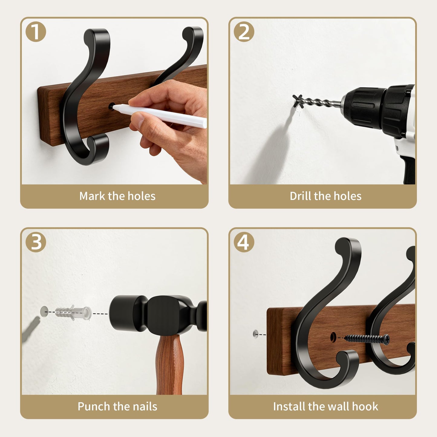 Jasopaco Solid Wood Wall Mounted Coat Rack, Heavy Duty 5 Hook Wooden Hanger with Metal Hooks for Hanging Hats, Coats, Towels, Backpack, Keys in Closet, Entryway, Bedroom, Bathroom, 2 Pack.