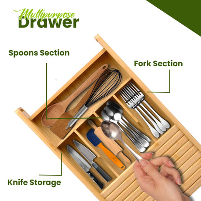 KozyKoala & Co. Bamboo Drawer Organizer with Sliding Lid - 5 Slot Kitchen Drawer Organizer & Utensil Holder - Wood Bamboo Cutlery Tray for Flatware & Multipurpose Storage for Home & Office