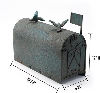 Heavy Duty Galvanized Steel Mailbox Post, Rural Mail Box Postal Storage Box with Bird Decoration (Vintage Green)