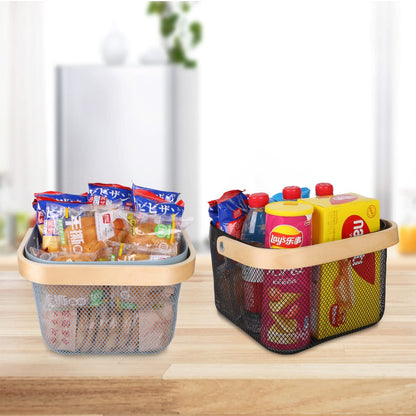 Ymeibe Mesh Steel Storage Organizer Basket Fruit Basket Bin with Wood Handle Ideal for Kitchen Bathroom Picnic Baskets Pantry Cabinets Storage Home Decor (Black)