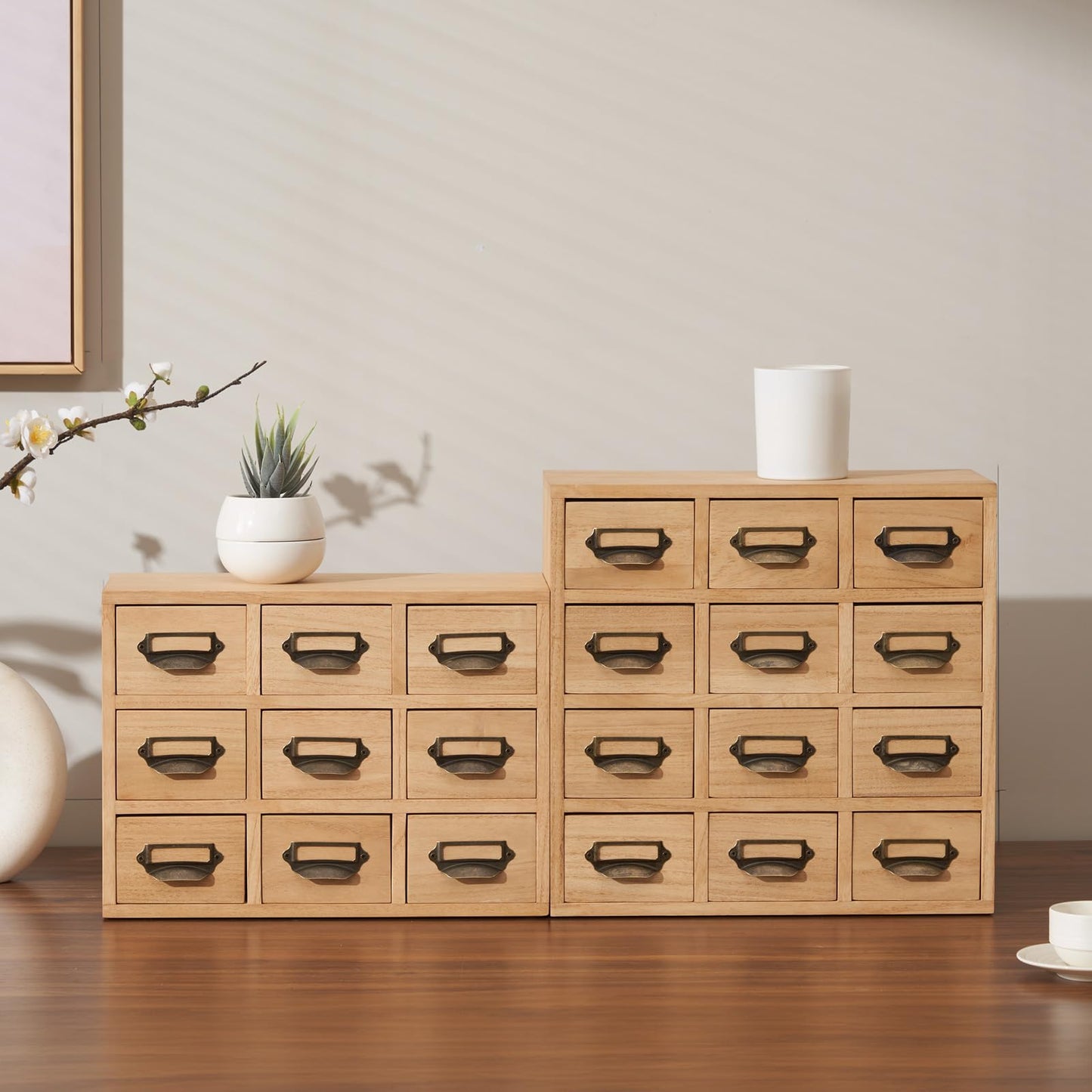 KIRIGEN Wood Drawer Organizer Desktop Storage Cabinet Box Drawers for Home Office Desk Organization and Storage 12 Drawer Mini Chest with Metal Handles Natural(12CG-NA)