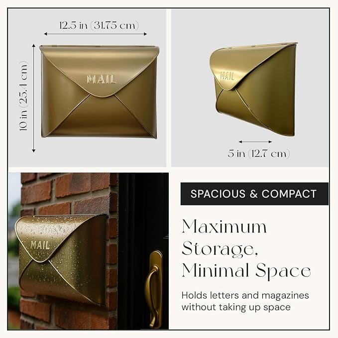 NACH Wall Mount Mailboxes, 12.5 x 10 x 5 inch Gold Finish Wall Mailboxes for Outside, Waterproof Mailboxes for Outside - Envelope Mailbox