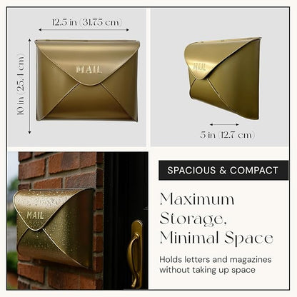 NACH Wall Mount Mailboxes, 12.5 x 10 x 5 inch Gold Finish Wall Mailboxes for Outside, Waterproof Mailboxes for Outside - Envelope Mailbox