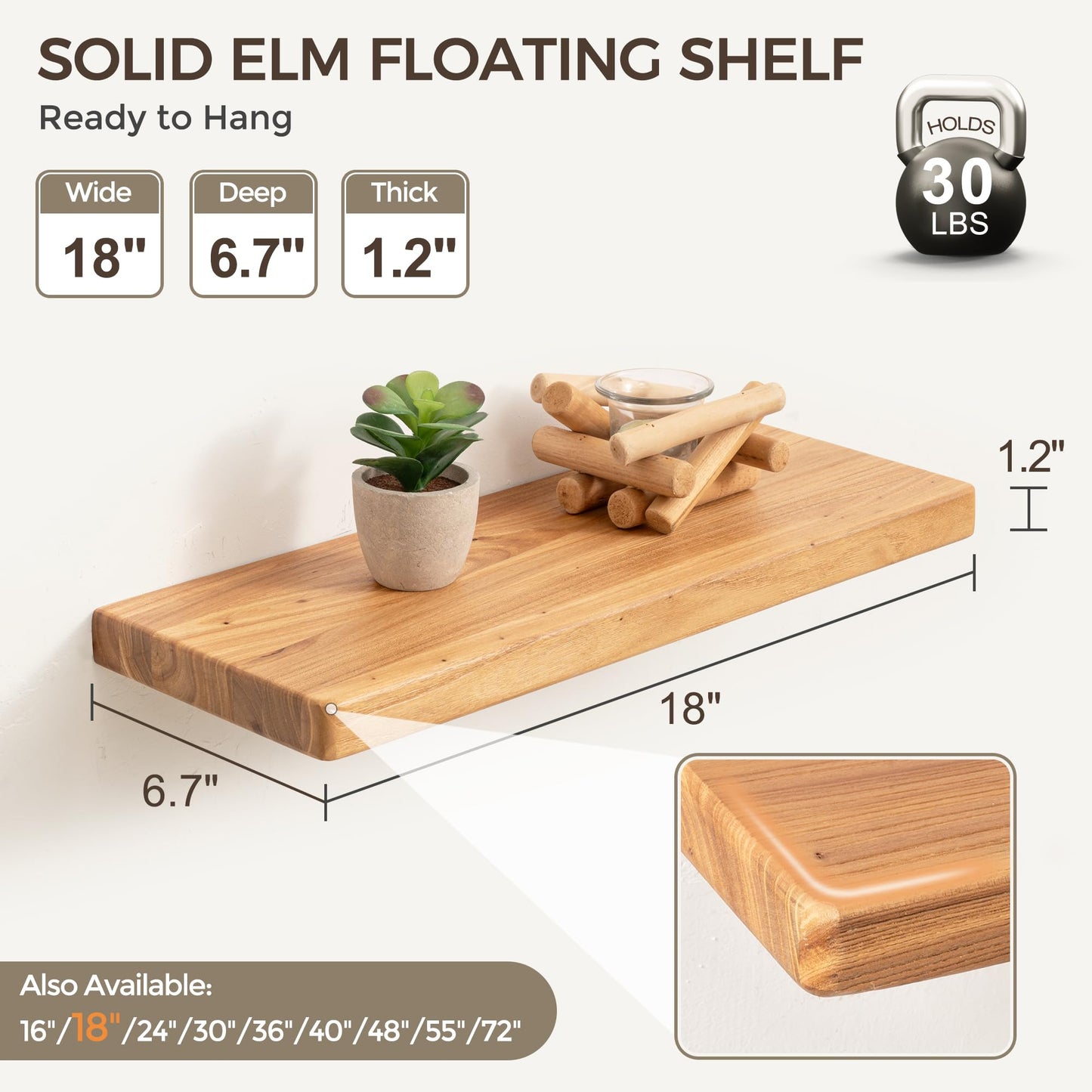 Fun Memories 18 Inch Floating Shelves for Wall, Solid Elm Wood Wall Shelf for Home Decor, Rustic Wooden Bathroom Shelves Set of 2, Heavy-Duty Hardwood Floating Shelf for Bedroom, Kitchen, Living Room