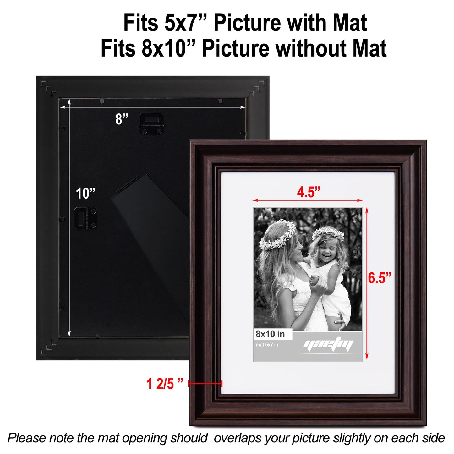 Yaetm 8x10 Picture Frame Matted to 5x7 Set of 4, 1.4” Wide Molding & Dark Brown Photo Frames 8 x 10 with HD Tempered Glass, Display on Tabletop & Wall Mounting (4 pack, Brown)