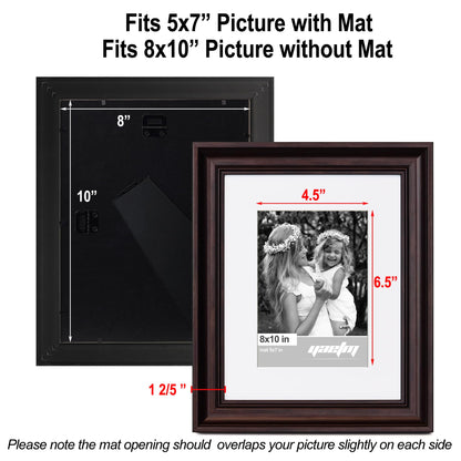 Yaetm 8x10 Picture Frame Matted to 5x7 Set of 4, 1.4” Wide Molding & Dark Brown Photo Frames 8 x 10 with HD Tempered Glass, Display on Tabletop & Wall Mounting (4 pack, Brown)