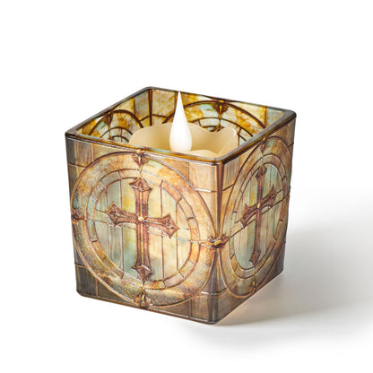 Square Glass Vanity Organizer Religious Cross Altar Ofrenda Qtip Holder Makeup Brush Holder Pen Cup Tealight Candle Holder Table Decor Green