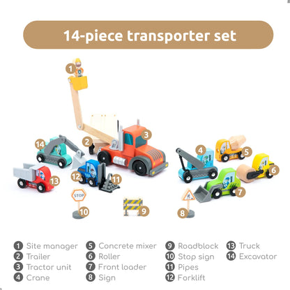 umu Construction Toy Cars 14 PCS Wooden Kids Mini Vehicles for Toddlers, Compatible to Thomas Train Toys Railway and Major Brands, Best for 3 to 5 Year Old Boys and Girls