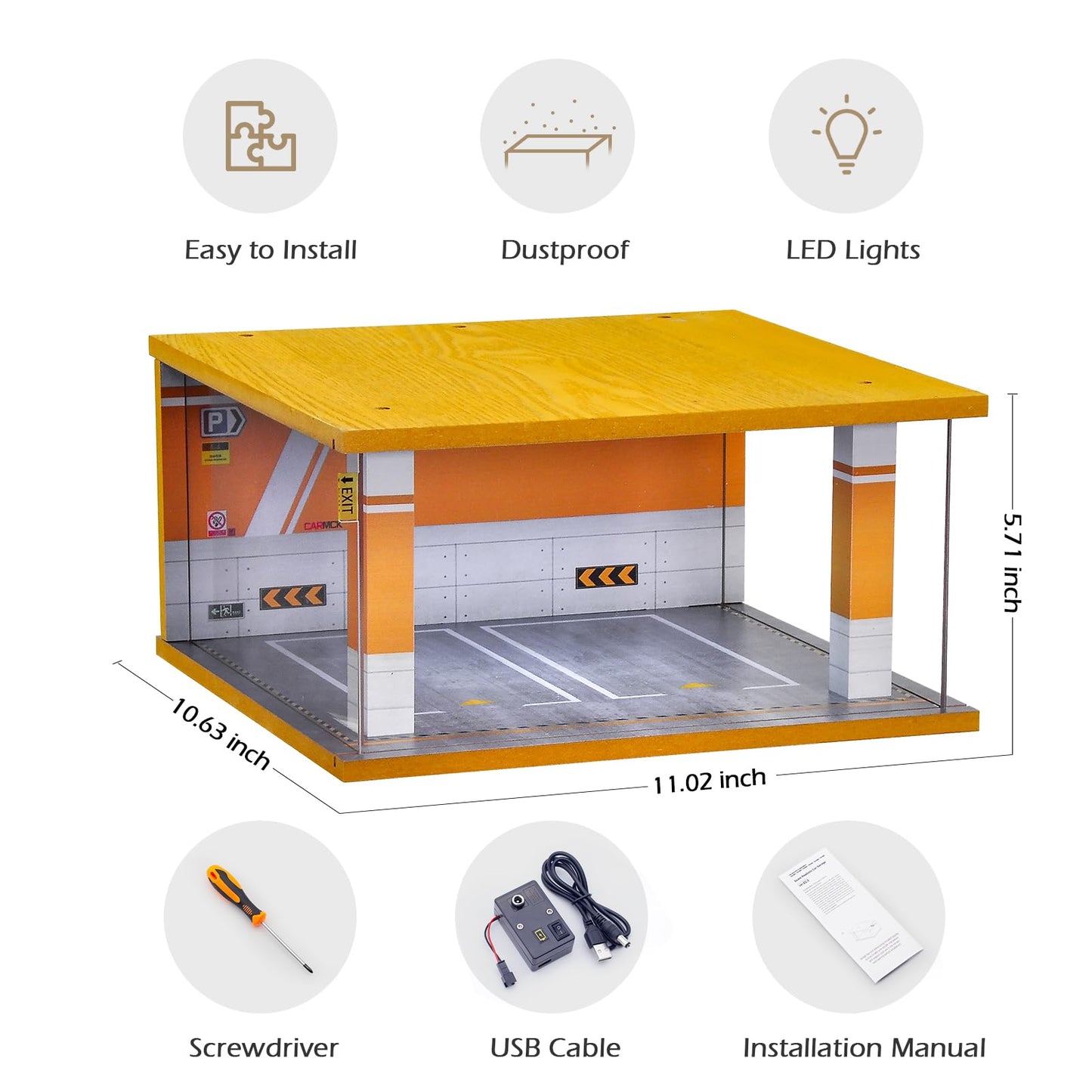 cxiiuui Display Case Car Acrylic Cover 1/24 Scale Parking Garage Wooden Diecast Car Show Case 2 Parking Spaces Yellow and White