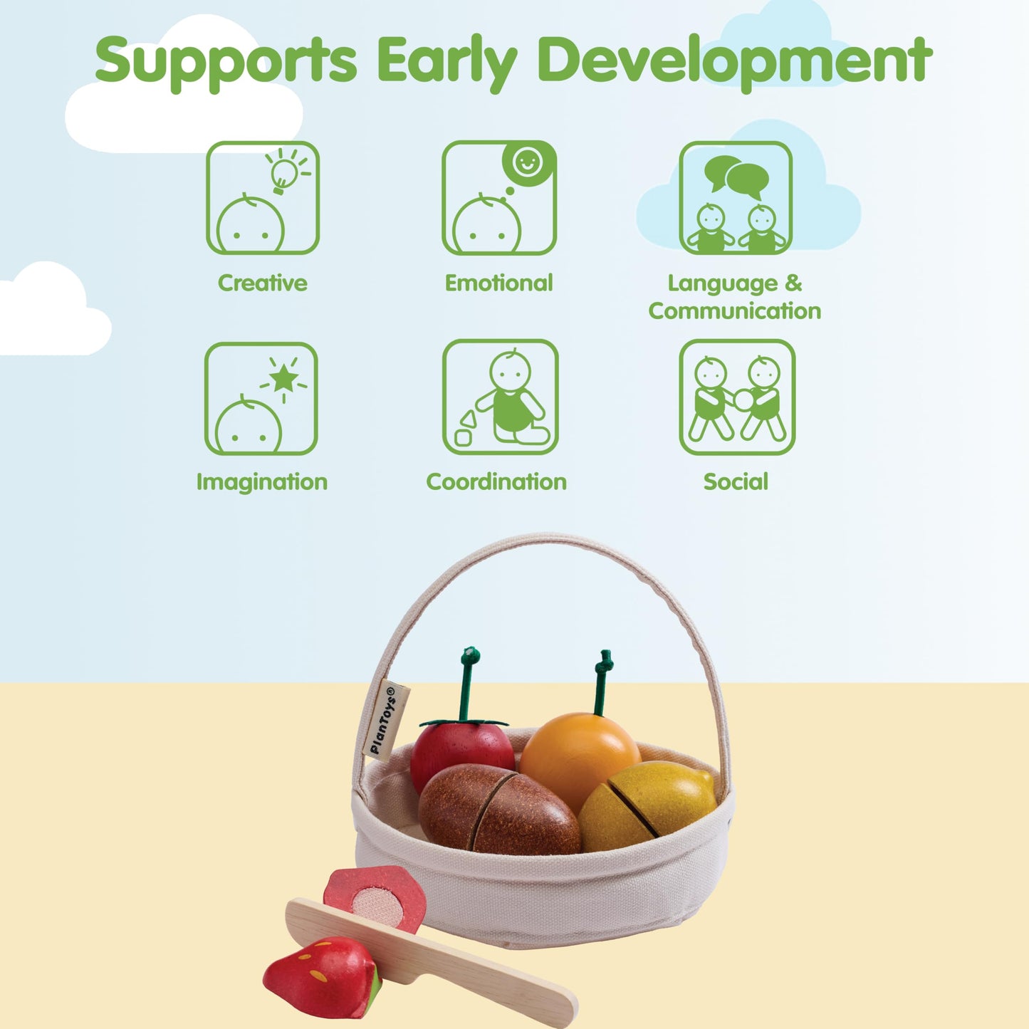 PlanToys® Wooden Berry & Citrus Basket | Montessori Pretend Play Fruit Set for Cutting, Mixing & Serving | Fine Motor Skills, Social Interaction & Eco Friendly Play Food Toy