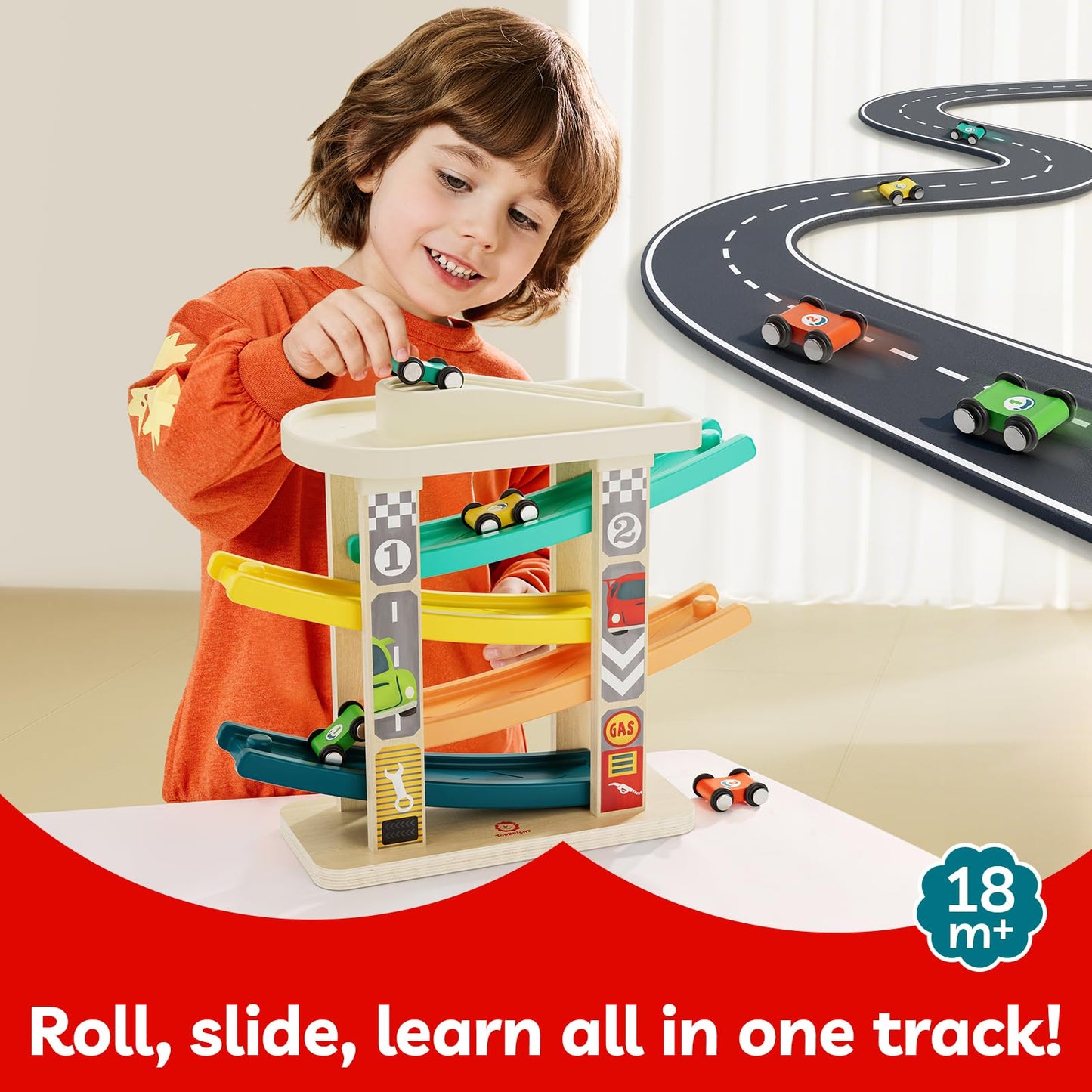 TOP BRIGHT 3 in 1 Sensory Toys & Wooden Race Track Car Ramp Toys