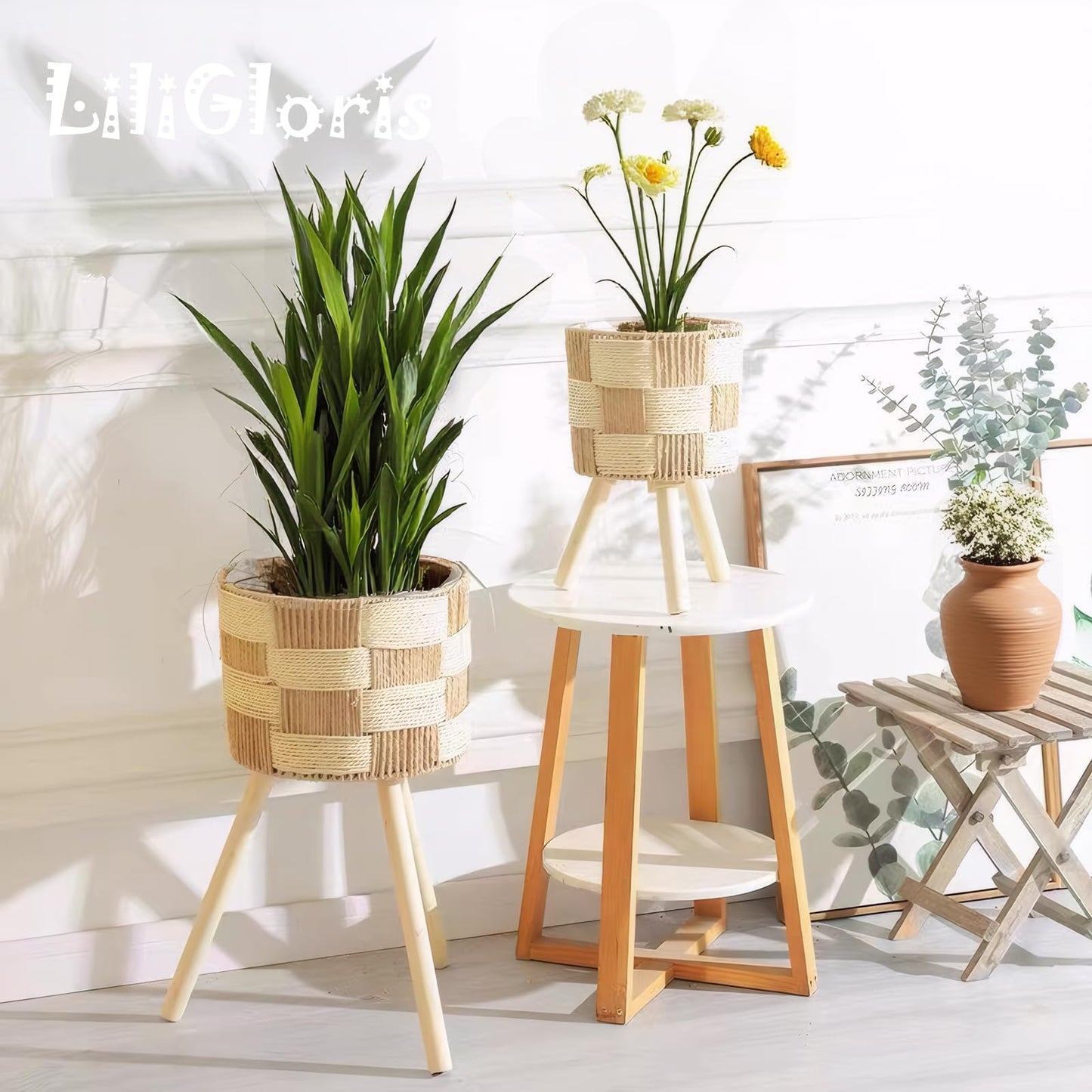 LiliGloris Boho Rattan Plant Stand Set of 2 – Handwoven Wicker Mid-Century Modern Floor Planter Stand for Indoor Plants, Large Farmhouse Decor, Sturdy Wood & Rope Design, Housewarming Gift