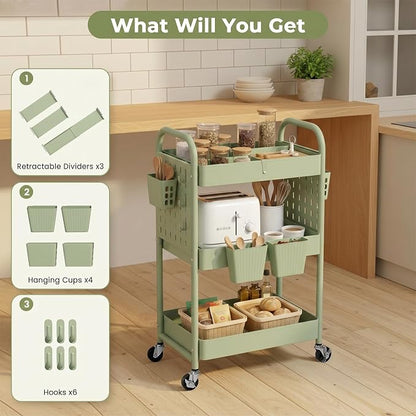 danpinera 3 Tier Rolling Cart with Retractable Dividers, Multi-Functional White Rolling Utility Cart with Pegboards, Hooks & Hanging Cups for Nursery, Living Room, Studio
