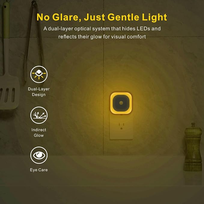 YUNLEX 2 Pack Plug in Night Light with Motion Sensor & Dusk to Dawn Sensor, 3 Sensor Modes, Auto ON/Off, Dimmable, Soft Glow for Living Room, Hallway, Stairs, Bathroom, Golden Yellow