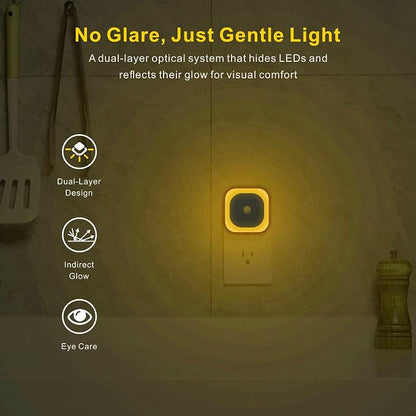 YUNLEX 2 Pack Plug in Night Light with Motion Sensor & Dusk to Dawn Sensor, 3 Sensor Modes, Auto ON/Off, Dimmable, Soft Glow for Living Room, Hallway, Stairs, Bathroom, Golden Yellow