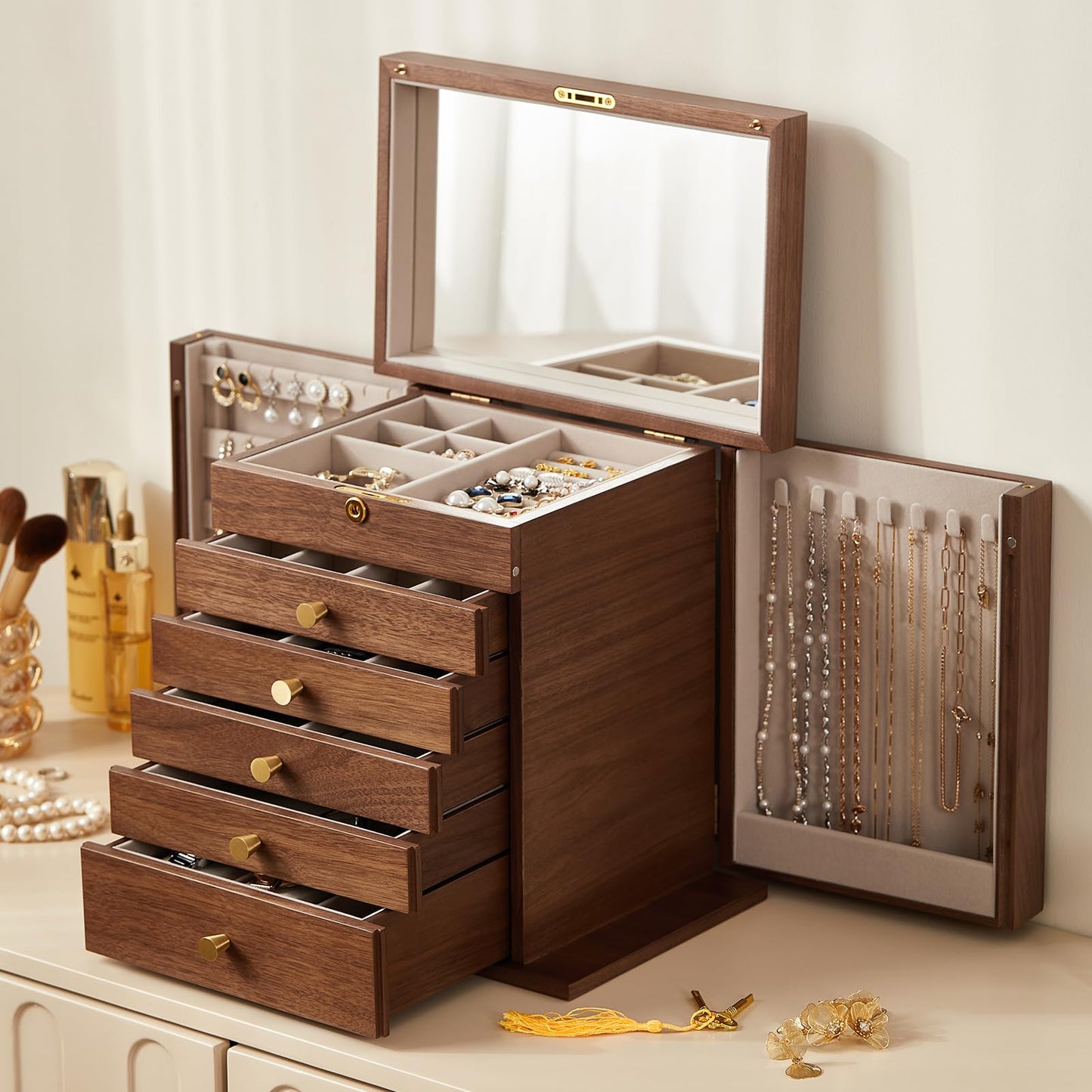 CHOSIN Black Walnut Wooden Jewelry Box, 6-Layer Lockable Wood Jewelry Organizer with Mirror, Side Doors & Brass Handle, Classical Design for Rings, Necklaces, Earrings, Fathers Day Gift