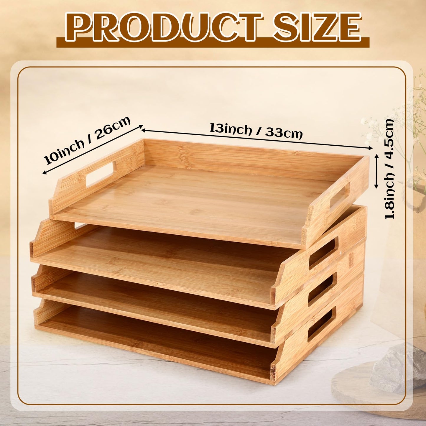 AceOrbit 4 Pcs Stackable Paper Tray Bamboo Wood Desk Organizer Letter Tray 4 Tier Wooden File Organizer Desk Shelf for Documents, Letter Sorter, Envelopes and Magazine Holder