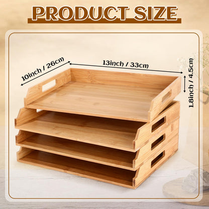 AceOrbit 4 Pcs Stackable Paper Tray Bamboo Wood Desk Organizer Letter Tray 4 Tier Wooden File Organizer Desk Shelf for Documents, Letter Sorter, Envelopes and Magazine Holder