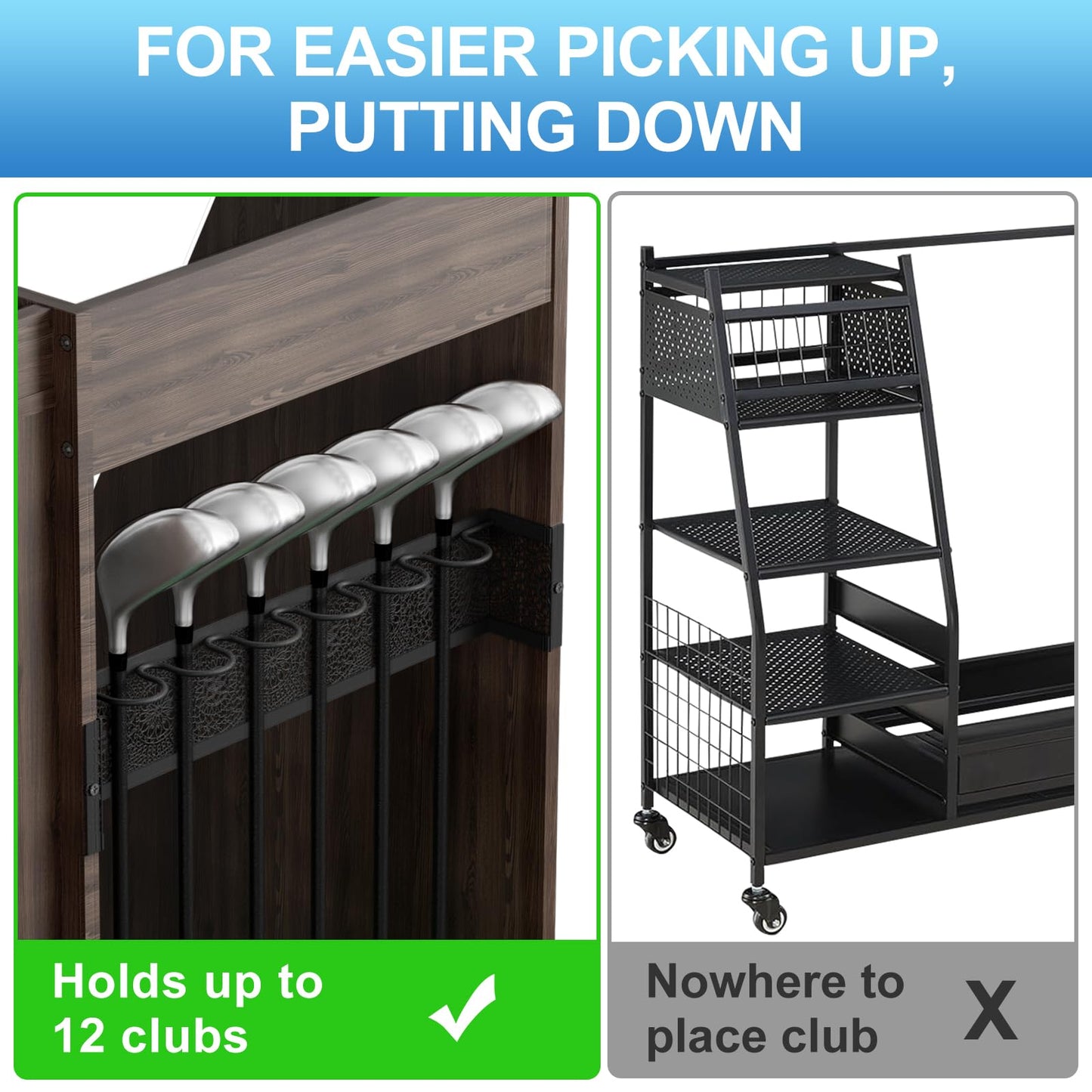 Ponsonbay Golf Bag Storage Organizer for Garage, Premium Wooden 2 Golf Bags Rack with Drawer, Easy Assemble Golf Club Stand/Holder Suitable for Garage Home Simulator and Office