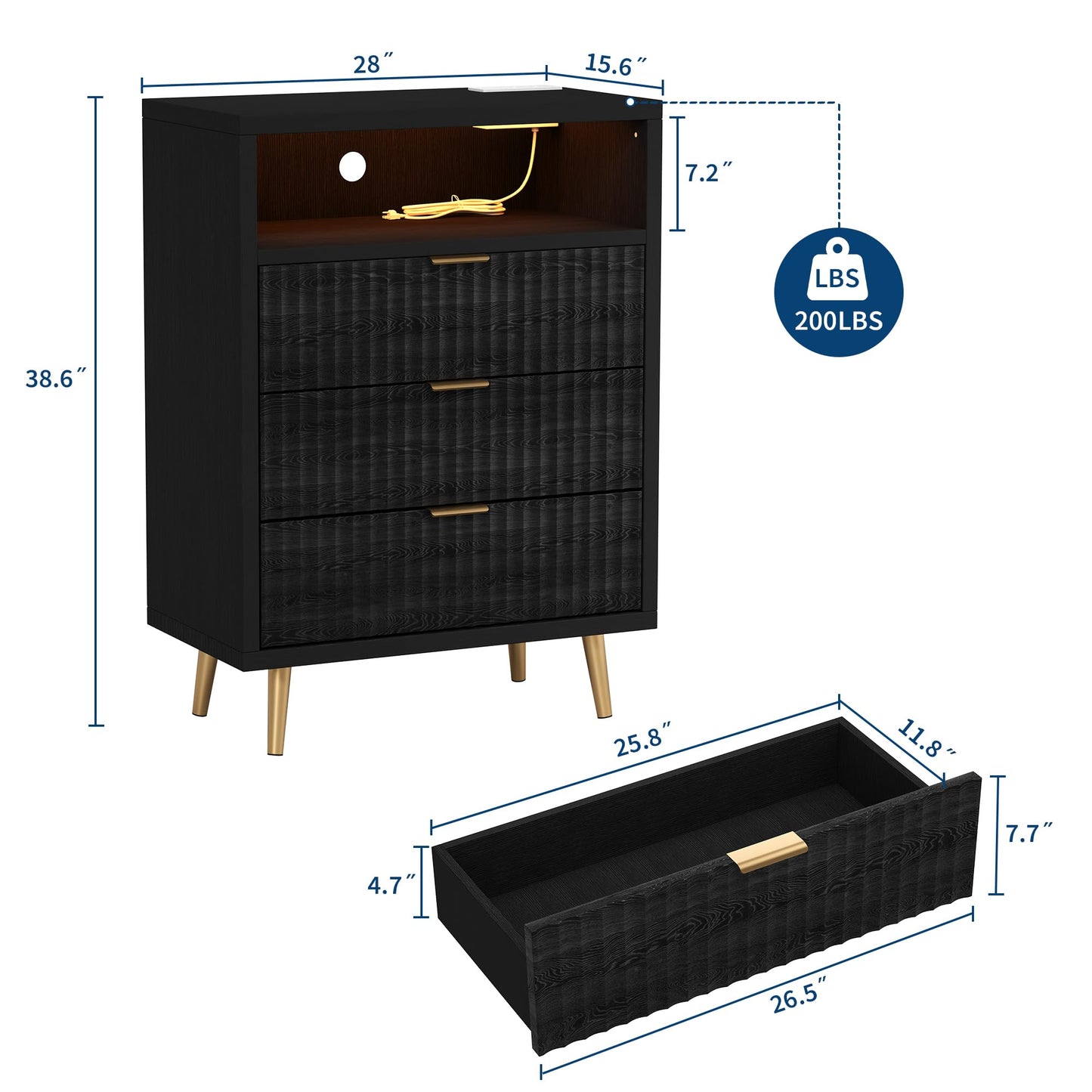 3 Drawers Dresser for Bedroom, 28" W Wooden Dresser with LED Lights and Charging Station, Fluted Wood TV Stand with Gold Handle, Modern Chest of Dressers for Closet, Living Room, Hallway, Black