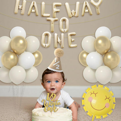 Half Birthday Decorations for Baby Girl - Khaki 1/2 Birthday Hat, Half Way to One Balloon Banner, Gold and White Balloons, 1/2 Cake Topper, Sun Balloons, 6 Months Party Supplies