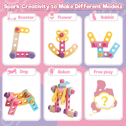 Wooden Kids Tool Set with Drill Montessori Toys for 3 Year Old Girl 44Pcs
