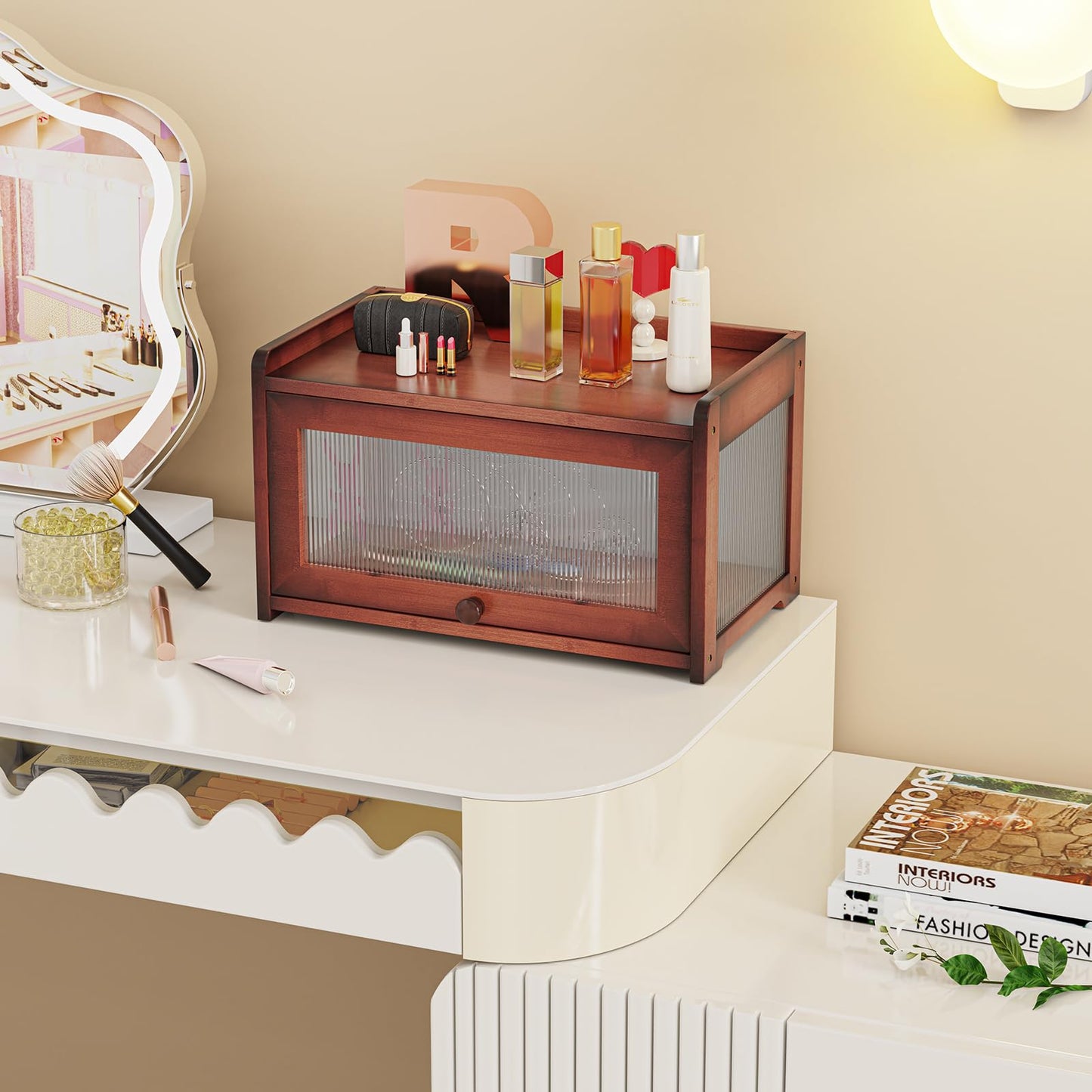 BAMBANG Bamboo Bread Box for Kitchen Countertop, Extra Large Farmhouse Bread Box with 4-Side Clear Panels, Wooden Bread Storage Container for Homemade Bread, Brown