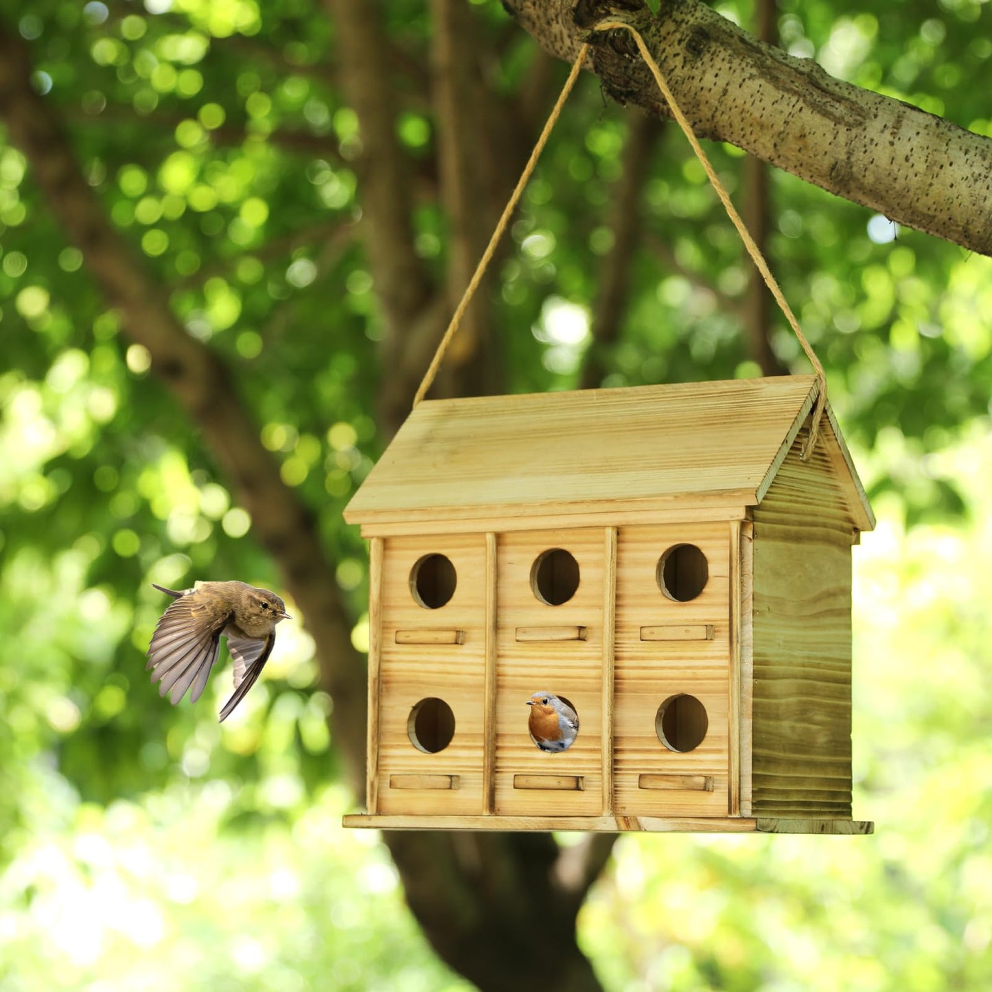 Wooden Bird Houses for Outside, 12 Rooms Hanging Bird House, Large Birdhouse for Wren Finch Bluebirds, Decorative Outdoor Bird Nesting Box