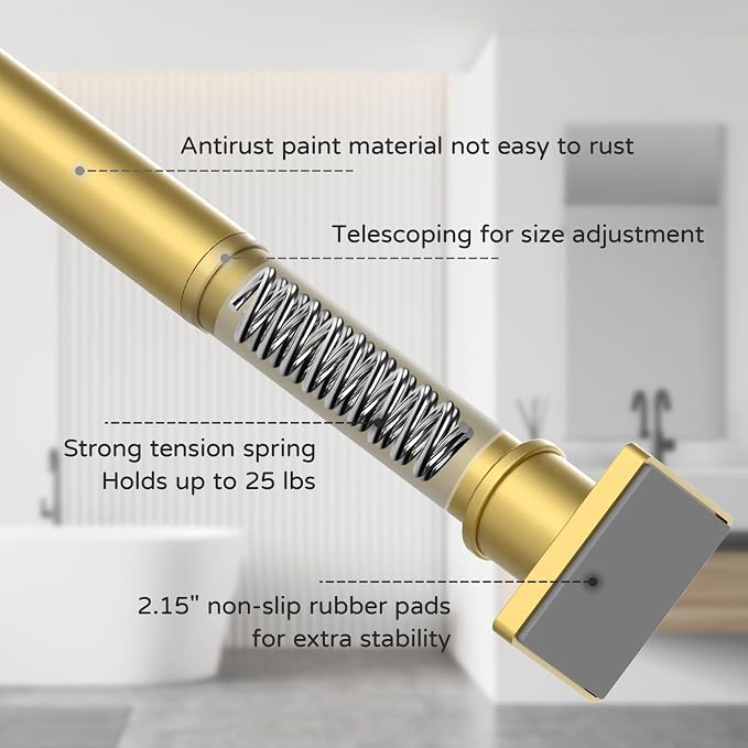 UIOSANRT Tension Shower Curtain Rod 31-92 Inches Non-Slip Shower Rod Tension Mounted No Drill Gold Shower Curtain Rods Spring Tension Rod for Windows Bathroom