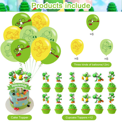 Yoshi Party Decorations,Yoshi Birthday Party Supplies Includes Banner - Cake Topper - 24 Cupcake Toppers - 18 Balloons