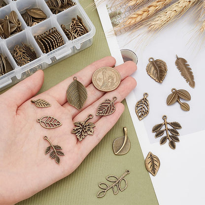 PH PandaHall 150pcs 15 Styles Tree Leaf Charms Pendants, Tibetan Branch Leaves Charms Metal Alloy Leaf Beads Antique Bronze Dangle Charm for Spring Earring Bracelet Necklace Kaychain Jewelry Making