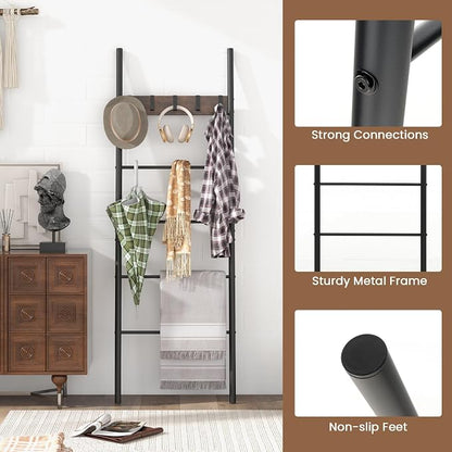 GOFLAME Blanket Ladder, 5-Tier Wall-Leaning Towel Holder Shelf with 5 Removable Hooks, Industrial Quilt Stand with Anti-Slip Foot Pads, Towel Ladder Display Rack for Bathroom, Living Room, Bedroom