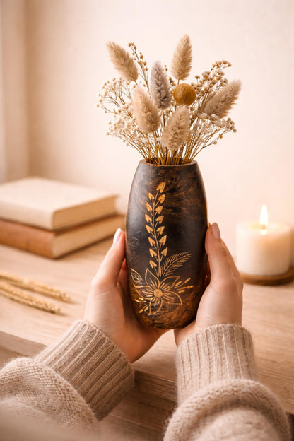 AeraVida Hand-Carved Mango Tree Wood Flower Vase Dark Brown Oval Tabletop Decorative Vase 6 Inch Small Rustic Home Decor for Living Room Dried Floral Display