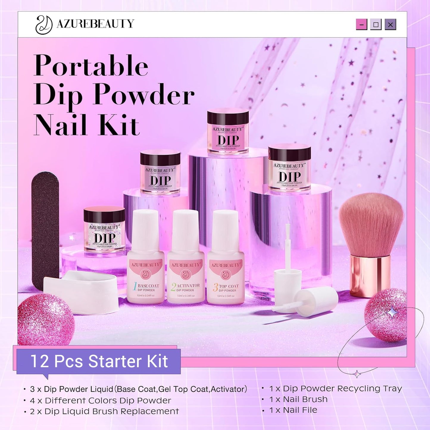 AZUREBEAUTY Dip Powder Nail Kit Starter, All Season Skin Tone Nude Brown 4 Colors Acrylic Dip Powder Liquid Set with Base/Top Coat Activator for French Nail Art Manicure DIY Salon Gifts