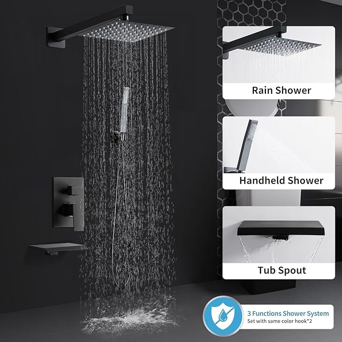 Matte Black Shower Faucet Set with Tub Spout 10 Inch, Shower Head and Handle with 2 Hooks, Tub and Shower Faucet Combo, Rain Shower and Handheld Shower System Square Wall Mount for Bathroom