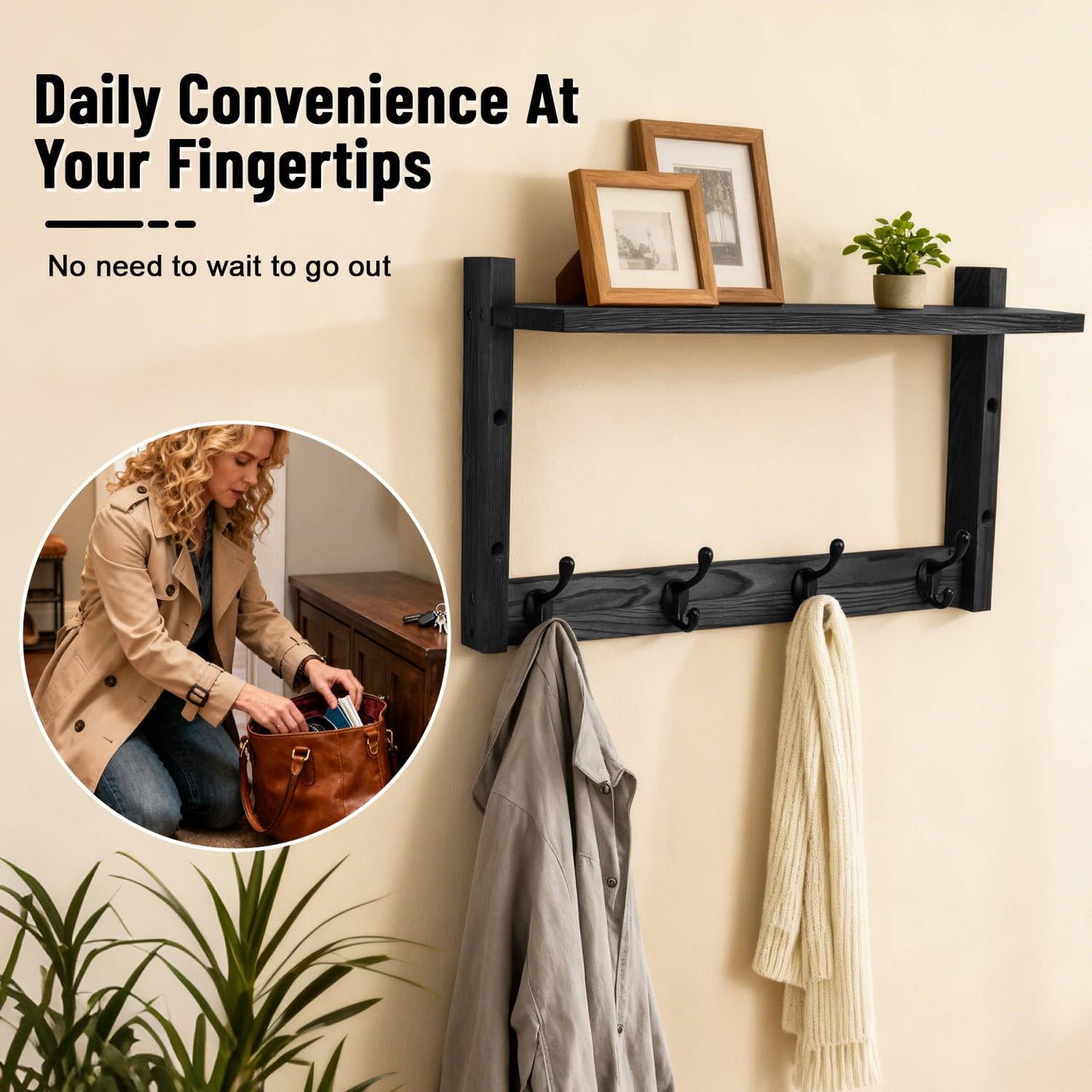 Dellicasi 28" Coat Rack Wall Mount with Shelf, Entryway Wall Mounted Coat Rack Wood Wall Coat Hooks with 7 Hooks 3 Key Hanger, Key Holder Wall Mount Mail Holder for Living Room, Bedroom