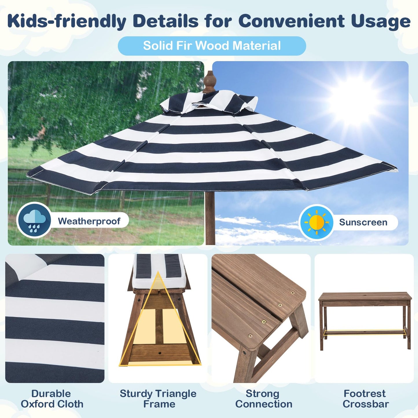 Kids Picnic Table Set with Benches and Umbrella, Foldable Wooden Table and Chair Set for Indoor and Outdoor Use, Playroom Furniture for Toddlers, Children, Baby (Blue)