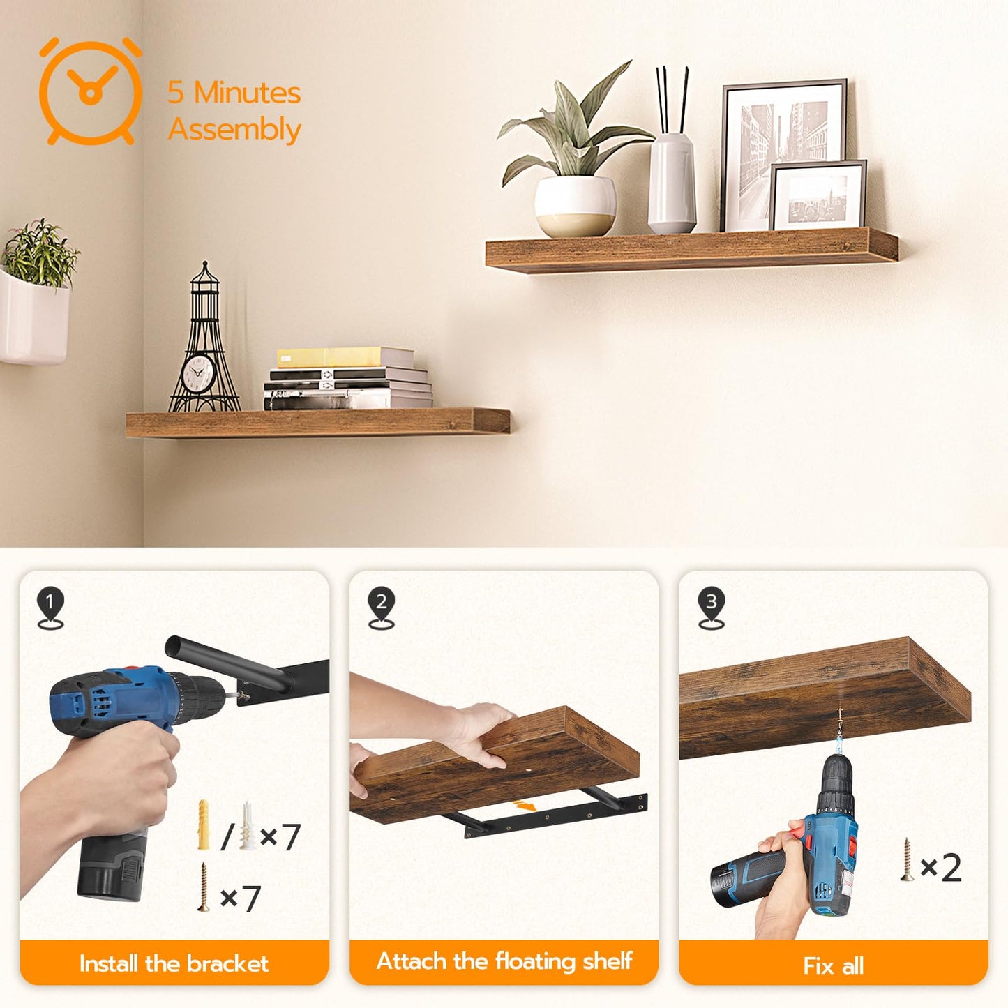 HOOBRO Floating Shelves for Wall, Wall Mounted Shelf Set of 2, 23.6" Hanging Shelf with Invisible Brackets, for Wall Decor Storage in Bathroom Bedroom Kitchen Living Room Office, Rustic Brown BF60BJ01