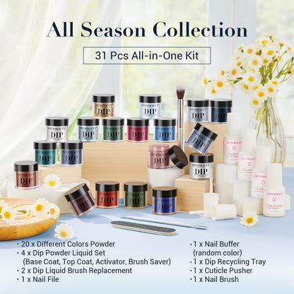 AZUREBEAUTY 31 Pcs Dip Powder Nail Kit 20 Colors Glitter Nude Brown Pink White Gray Dip Powder Liquid Set with Top/Base Coat Activator for French Nails Art Manicure DIY Salon Women Valentine's Gift