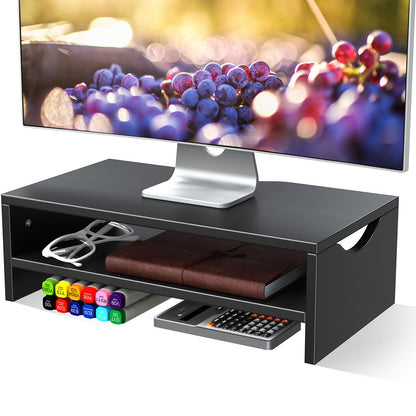 Mountory Monitor Stand Riser, 2 Tiers Wood Monitor Riser Stand with Desktop Shelf Storage Organizer, Desktop Stand for Laptop Computer, MacBook, Notebook, PC(Black)